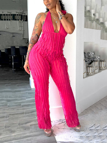 Halter Backless Ruffle Wide Jumpsuit