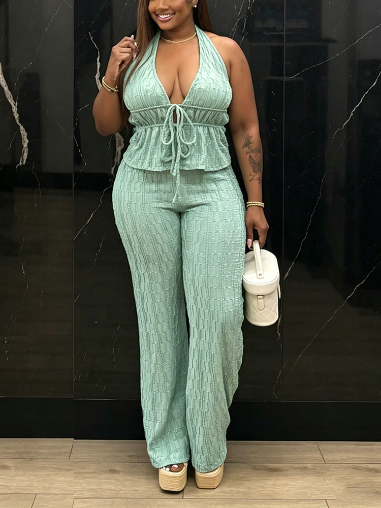 Halter Peplum Top & Wide Pants Set
