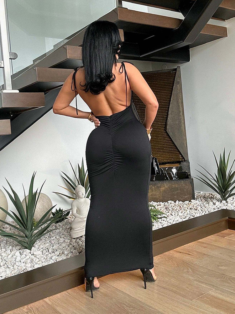 Tie Up Backless Ruched Dress