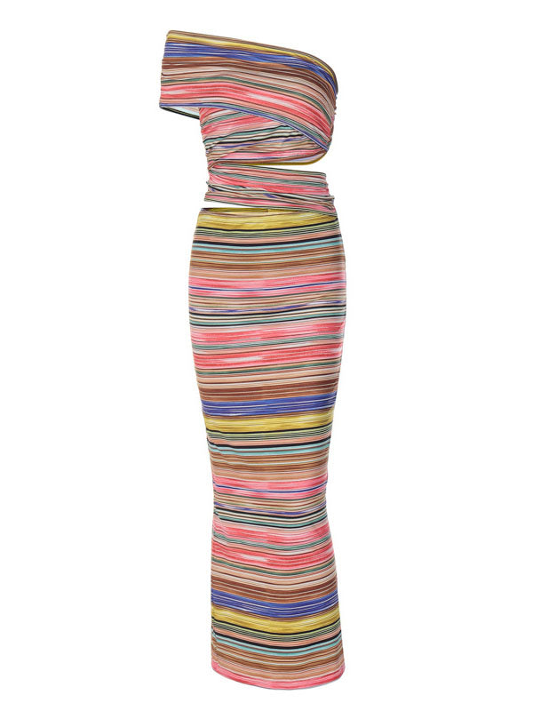 One Shoulder Striped Maxi Dress - ECHOINE
