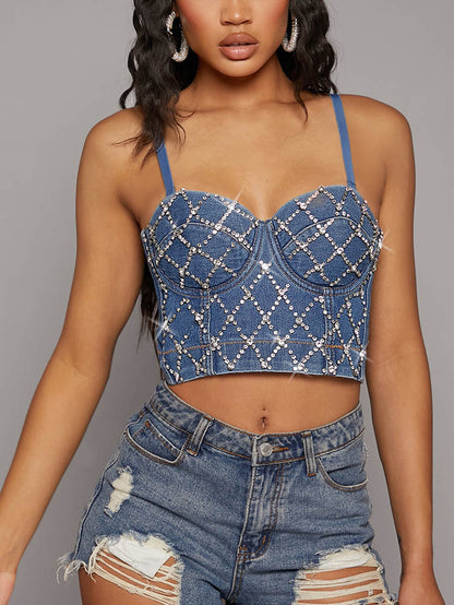 Rhinestone Denim Corset Top - ECHOINE