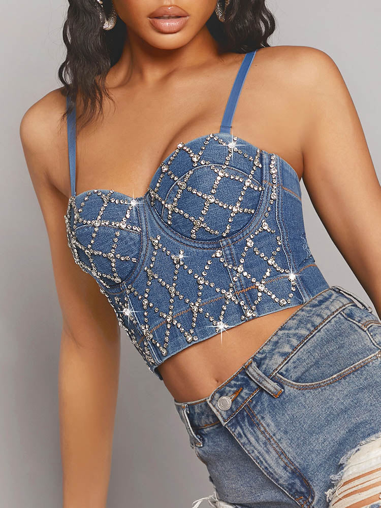 Rhinestone Denim Corset Top - ECHOINE