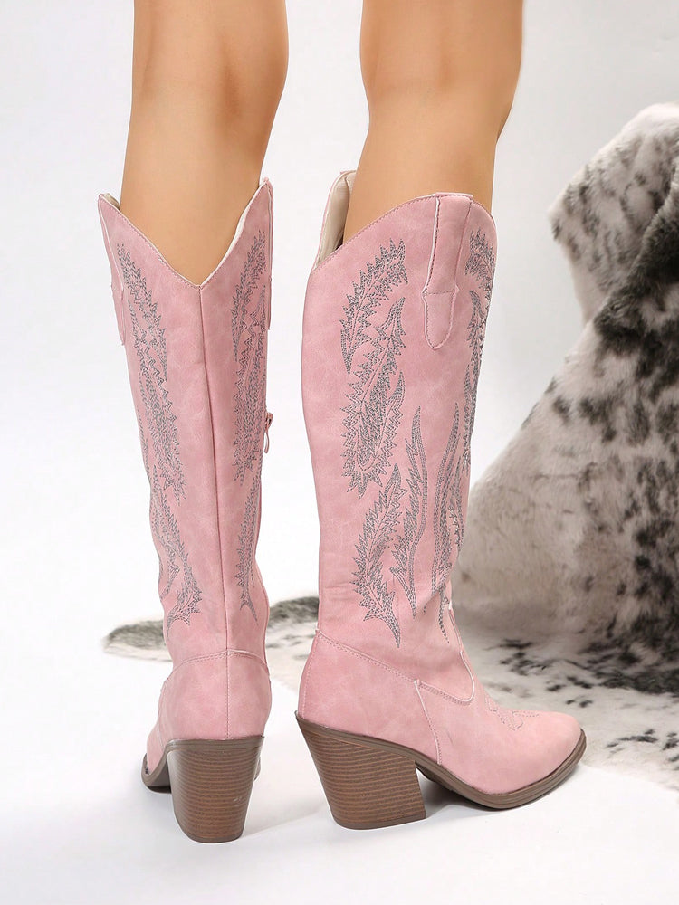 Zipper Embroidery Chunky Boots - ECHOINE