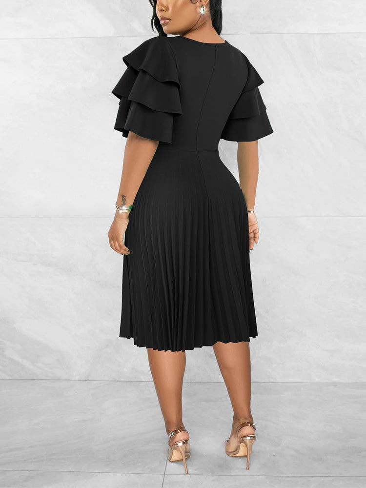 Ruffle Sleeve Pleated Midi Dress - ECHOINE
