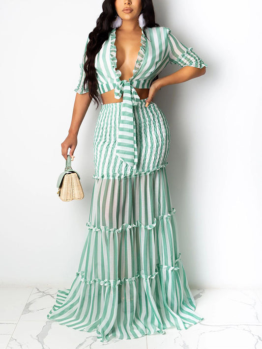 Striped Crop Top Ruffle Skirt Set - ECHOINE