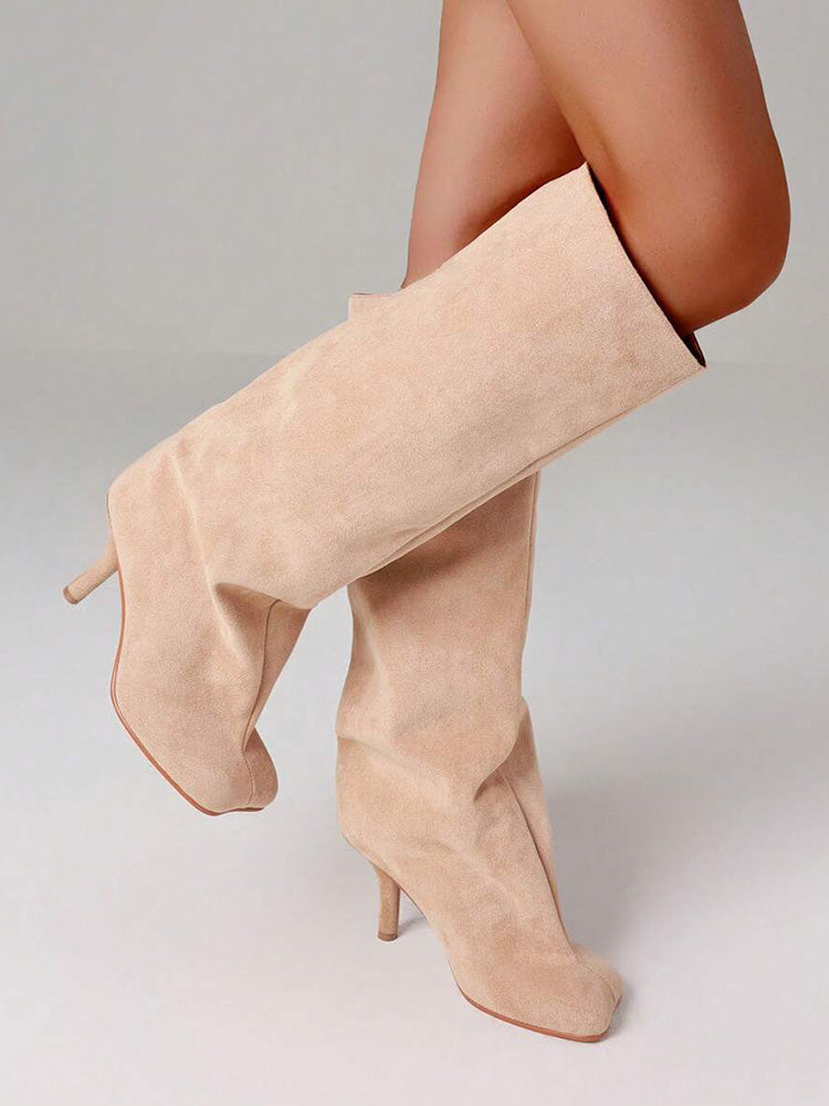 Suede Wide Calf Square Toe Boots