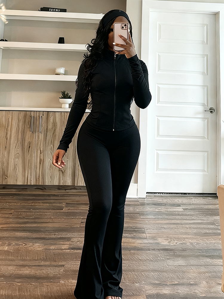 Ensemble veste sculptante et pantalon évasé avec bandeau