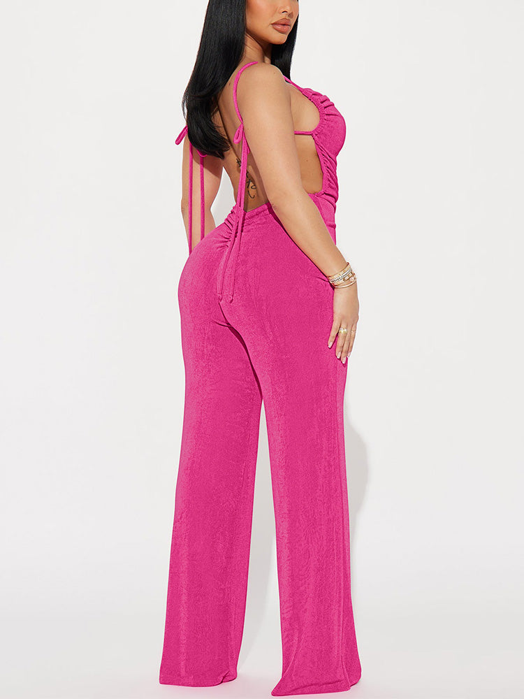 Tie Up Backless Ruched Jumpsuit - ECHOINE
