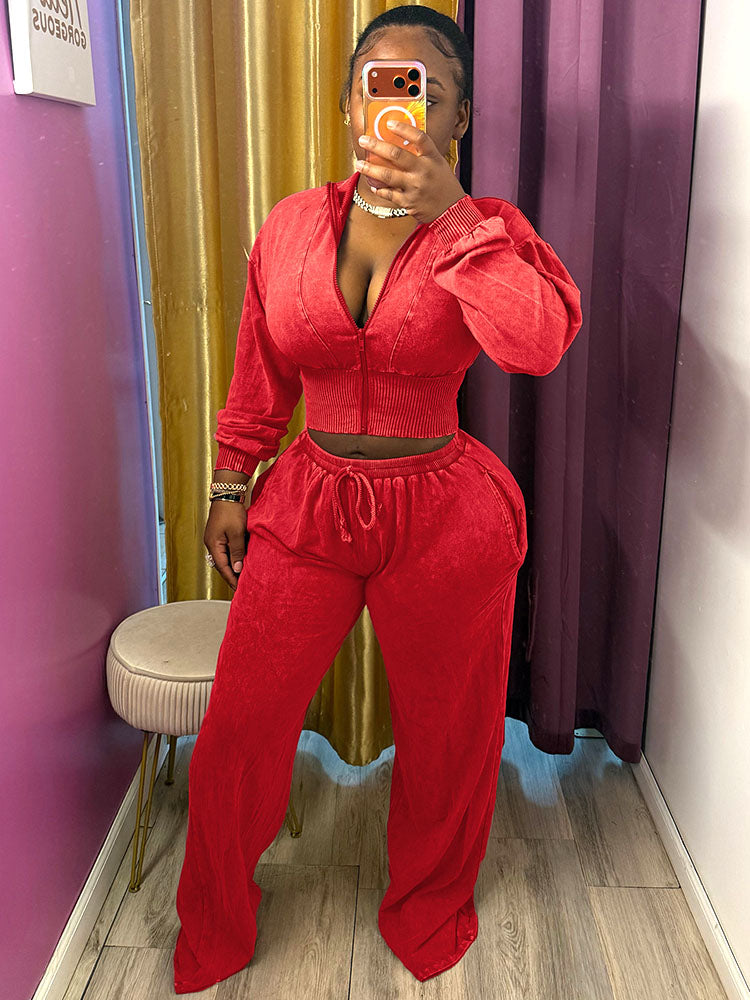 Acid Wash Cropped Jacket & Wide Pants Set