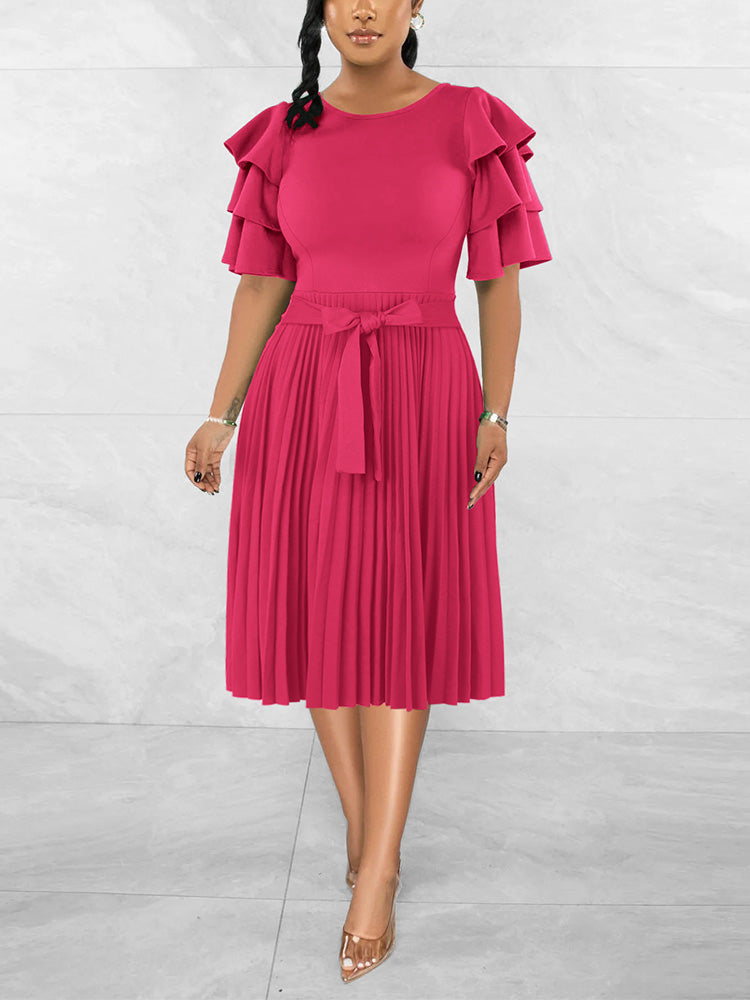 Ruffle Sleeve Pleated Midi Dress - ECHOINE