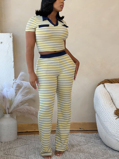 Stripe Ribbed Polo & Pants Set