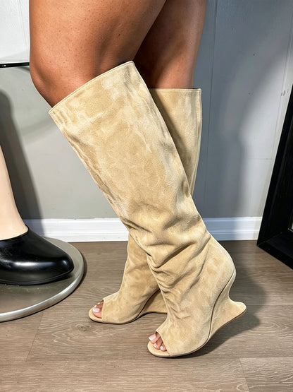 Suede Peep-Toe Sculptural Wedge Boots
