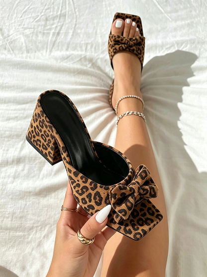 Leopard Print Bow Block Heel Sandals