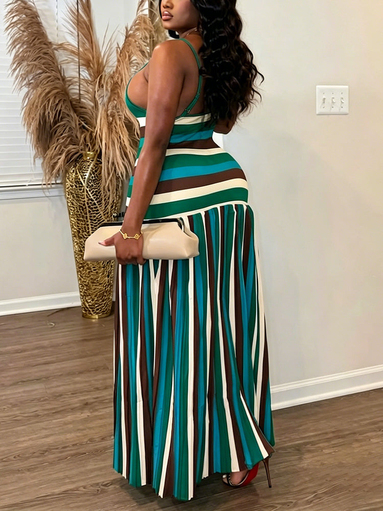 Striped Contrast Pleated Maxi Dress