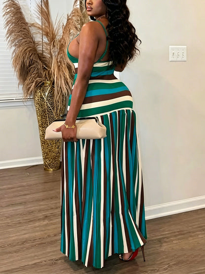 Striped Contrast Pleated Maxi Dress