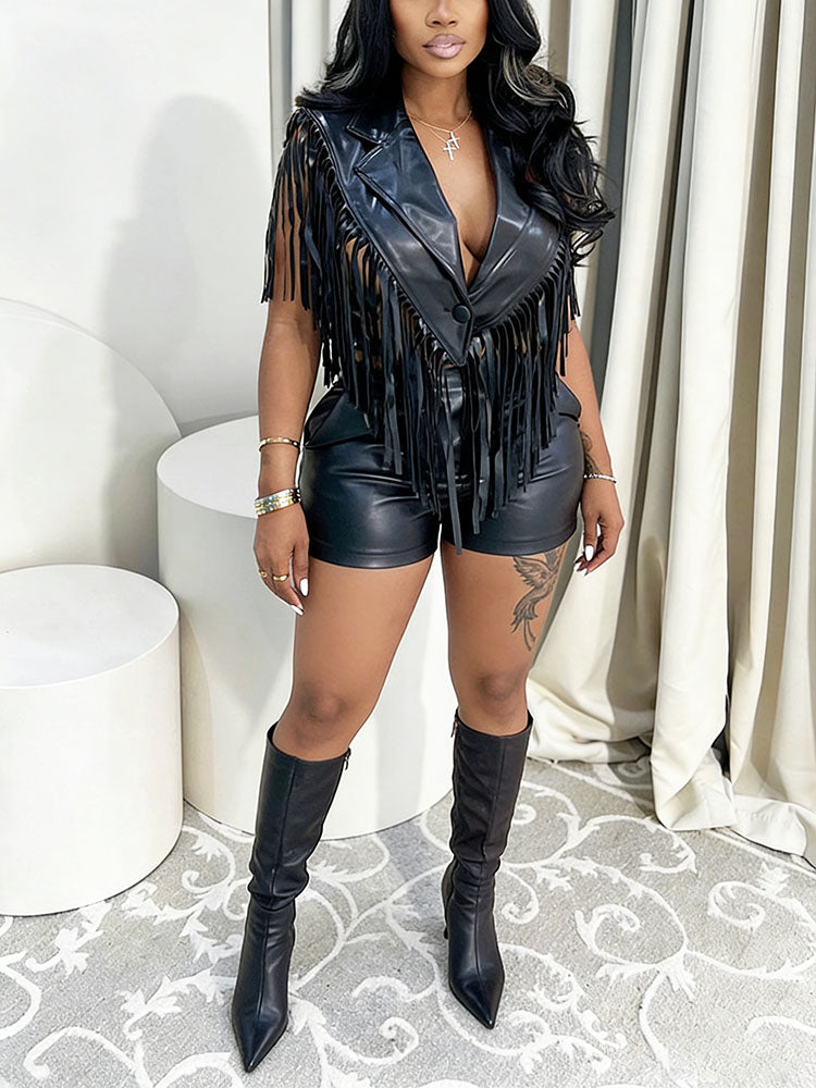 Leather Fringe Vest & Shorts Set