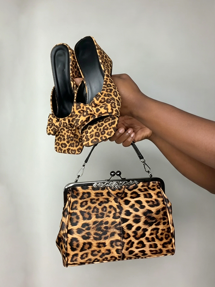Leopard Print Bow Block Heel Sandals