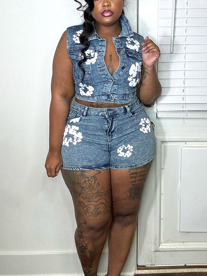 Floral Print Denim Shorts Set - ECHOINE