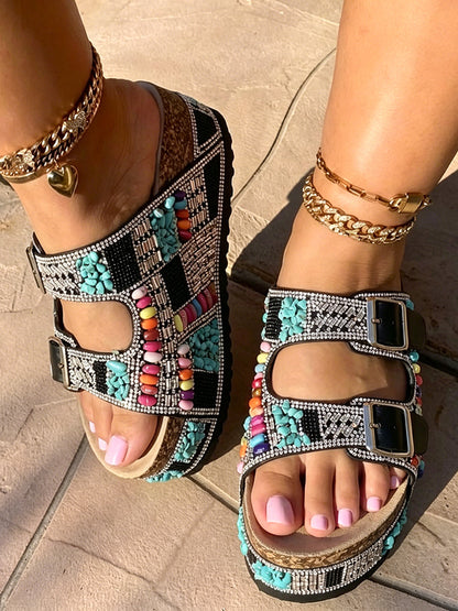 Boho Beaded Double Strap Platform Sandals