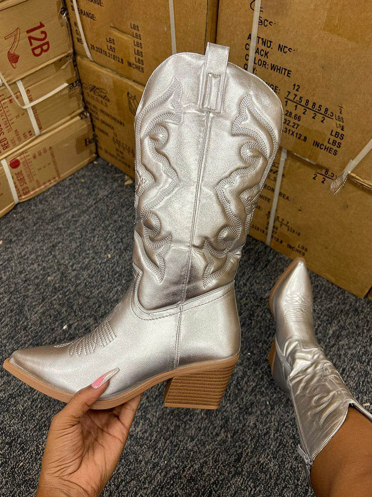 Metallic PU Leather Cowboy Boots - ECHOINE