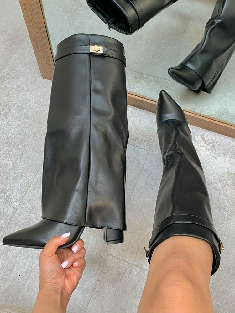 Fold Chunky Heel Knee High Boots