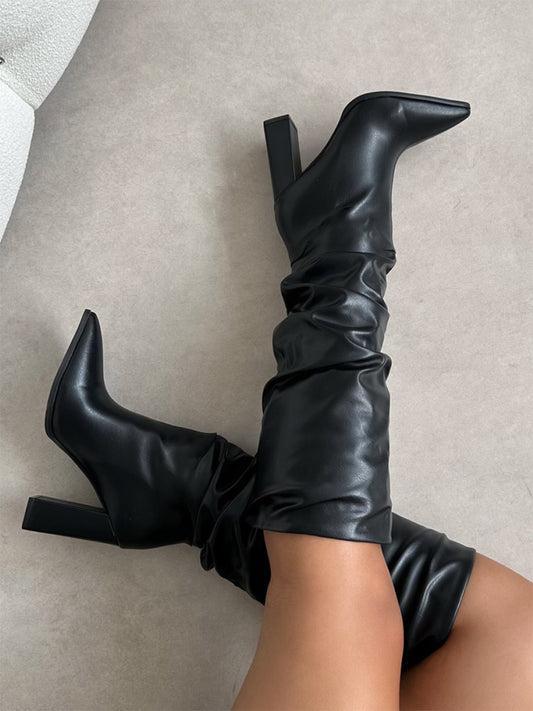 Ruched Chunky Heel Boots - ECHOINE