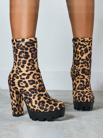 Leopard Chunky Heel Boots - ECHOINE