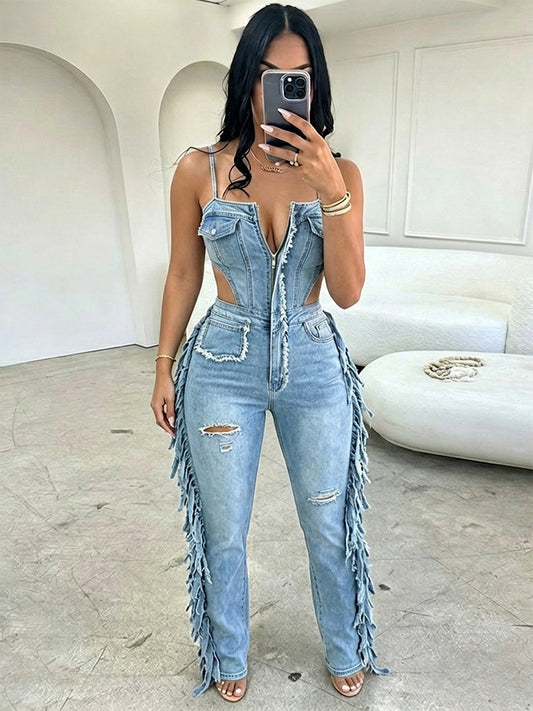 Fringe Cutout Denim Jumpsuit