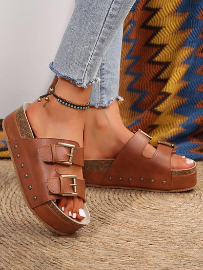 Double Buckle Strap Platform Sandals - ECHOINE