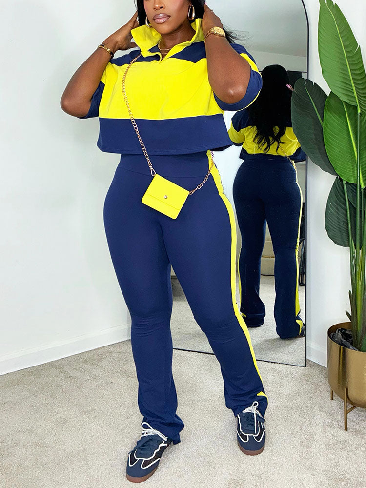 Colorblock Cropped Polo Top & Flare Leggings Set
