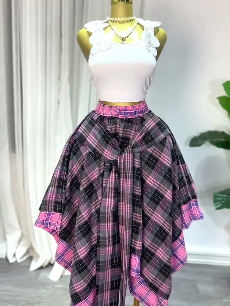 Contrast Plaid Asymmetric Skirt