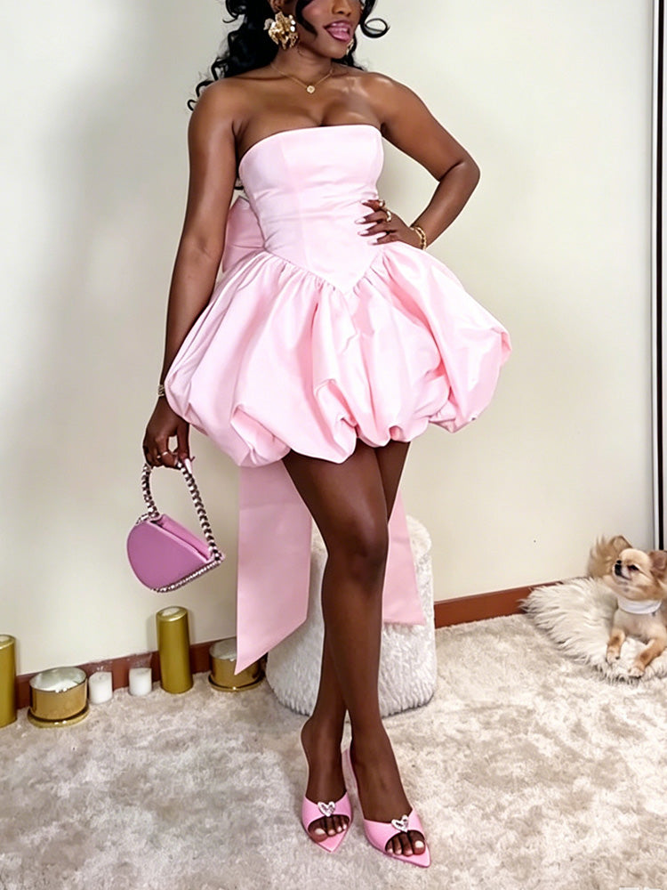 Strapless Bow-Back Bubble Mini Dress