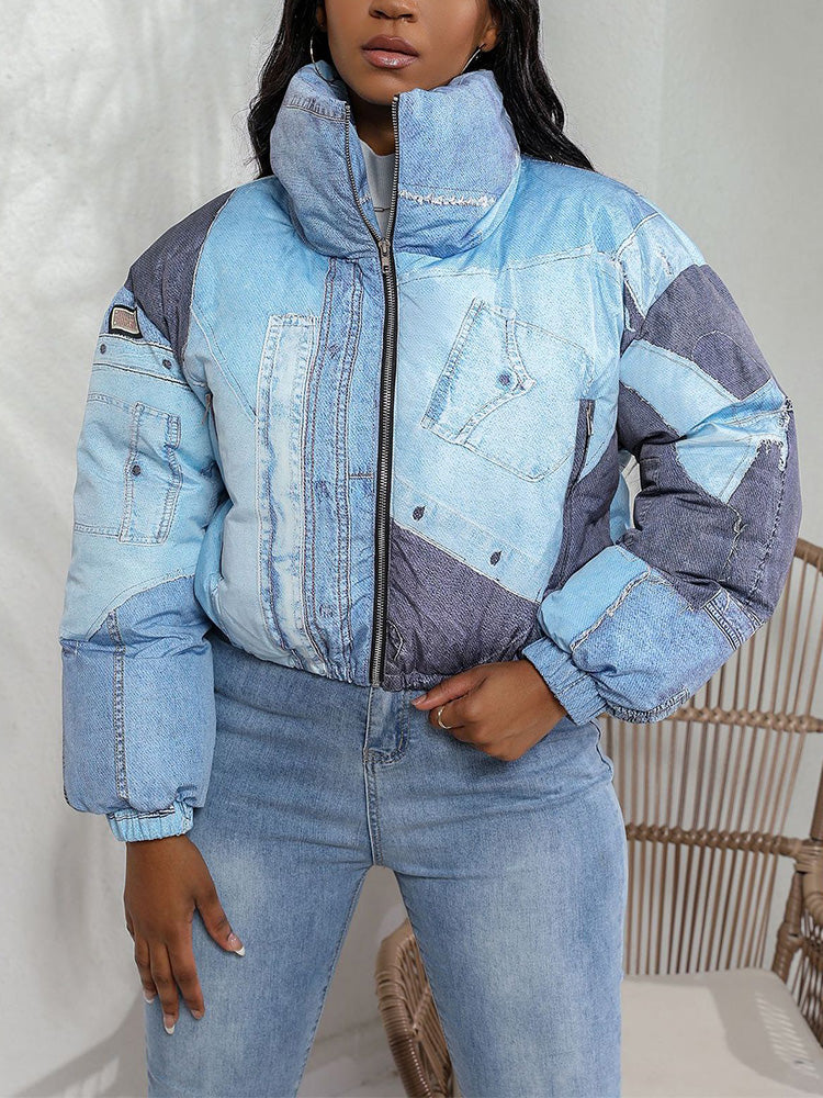 Denim Printed Puffer Jacket - ECHOINE