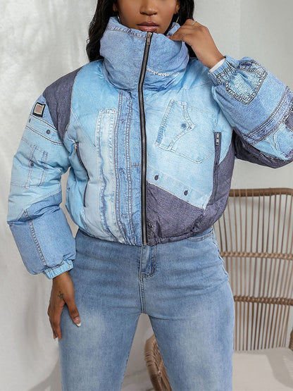 Denim Printed Puffer Jacket - ECHOINE