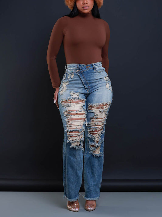Distressed Asymmetrical Zip Jeans
