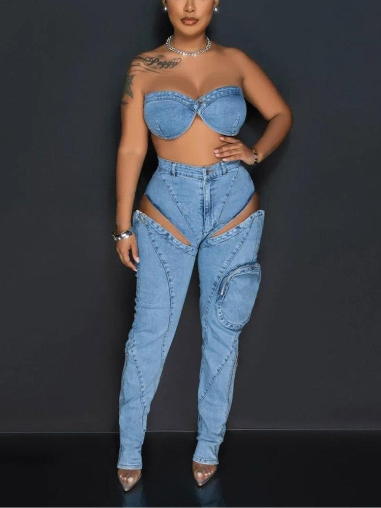 Denim Tube Top & Cutout Pants Set