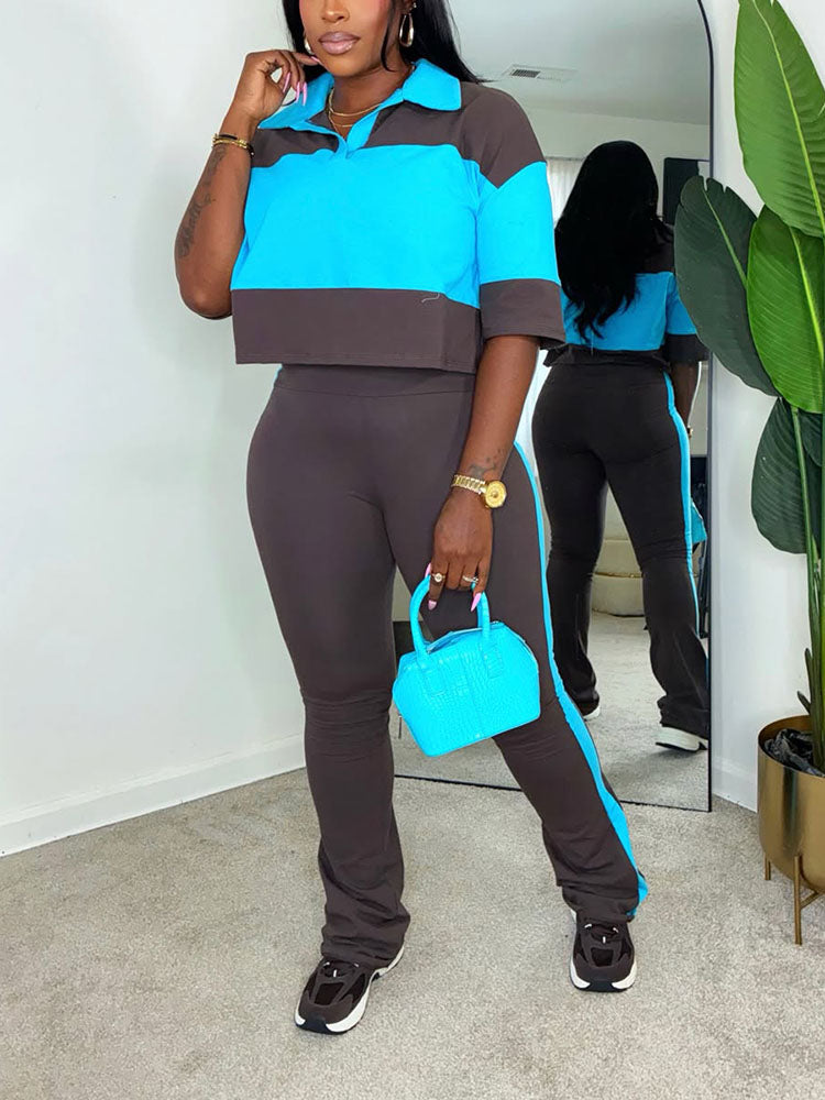 Colorblock Cropped Polo Top & Flare Leggings Set