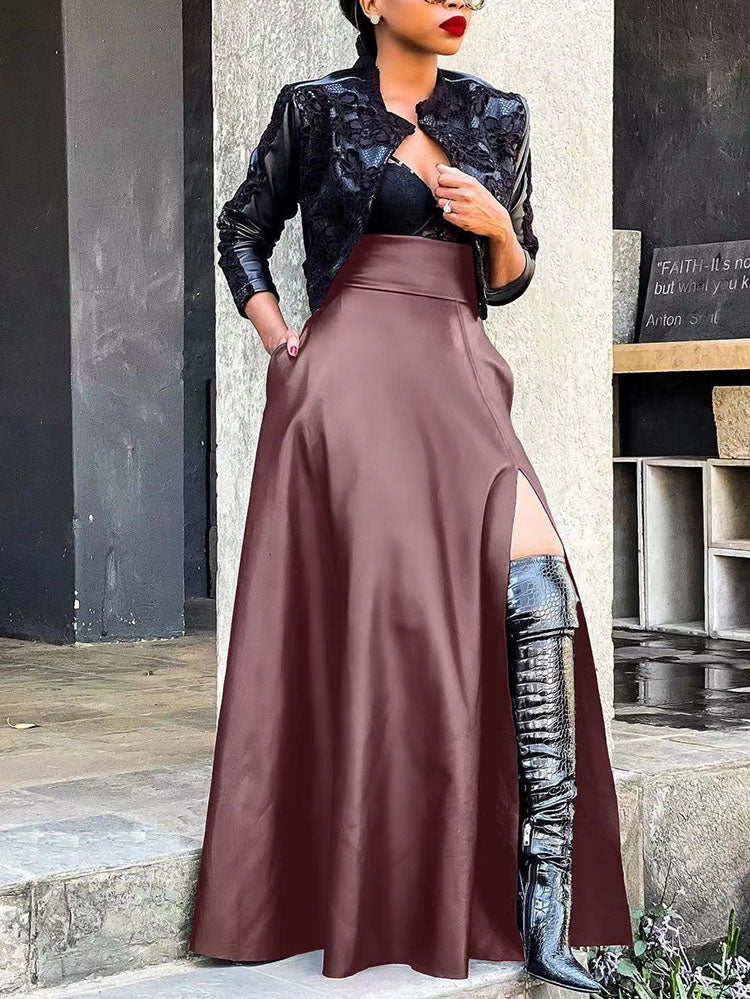 Vintage Leather Side Split Maxi Skirt - ECHOINE