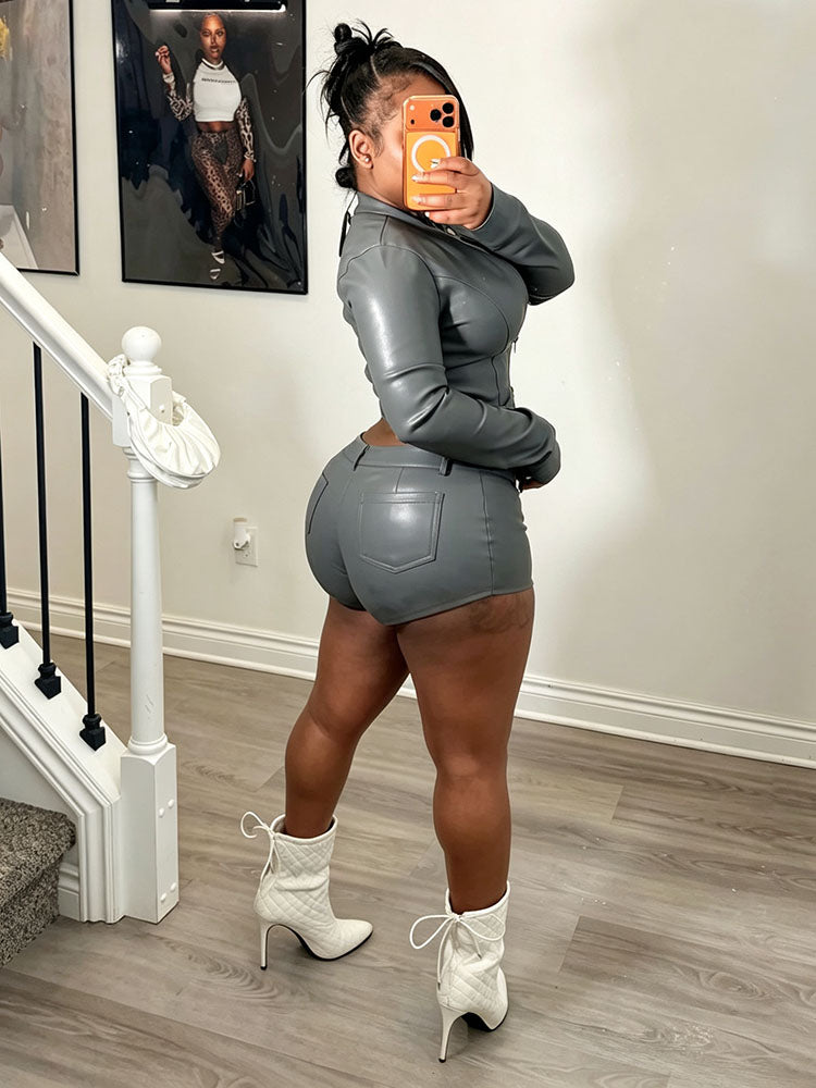 Leather Crop Jacket & Shorts Set