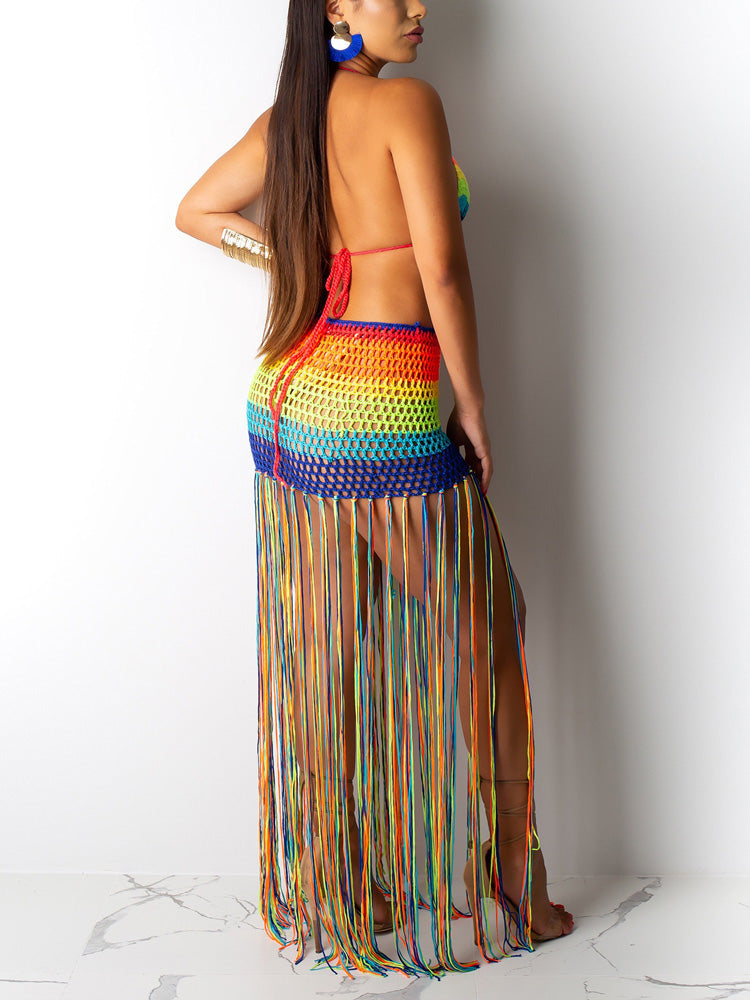 Rainbow Fringe Crochet Skirt Set