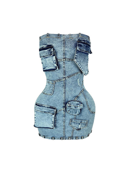 Strapless Denim Cargo Dress - ECHOINE