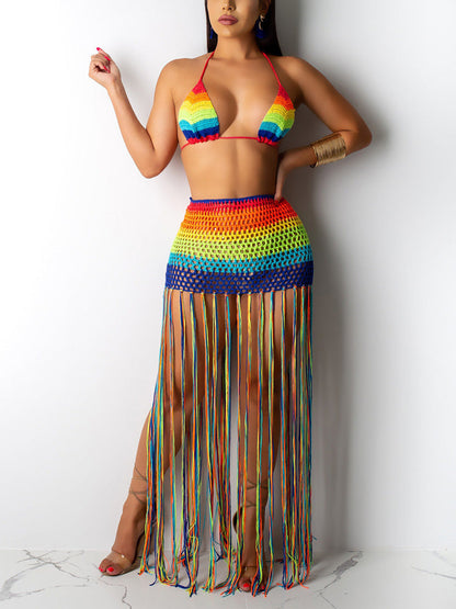 Rainbow Fringe Crochet Skirt Set