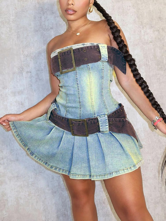 Double Belted Strapless Denim Dress
