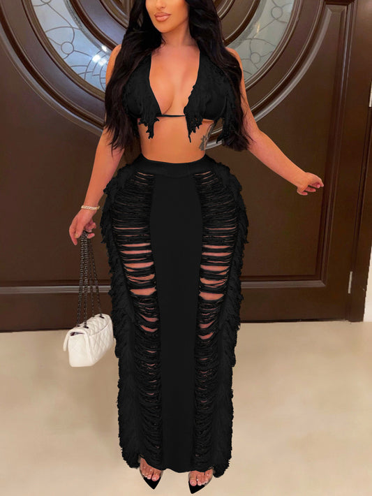 Fringe Halter Trim Top & Skirt Set - ECHOINE