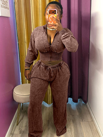 Acid Wash Cropped Jacket & Wide Pants Set