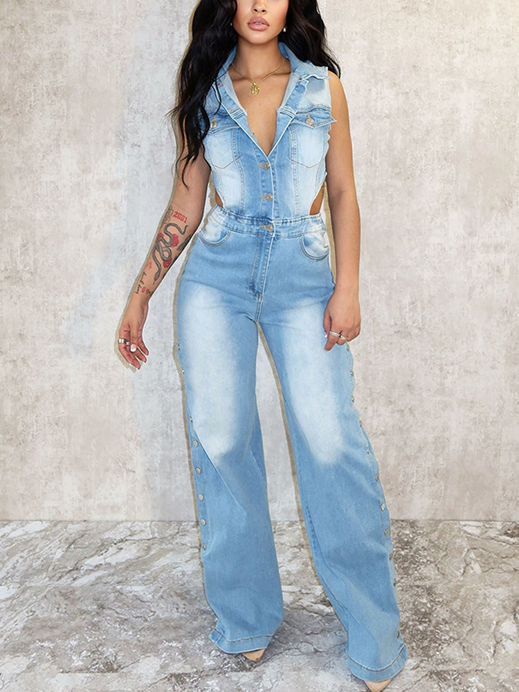 Snap It Out Wide Denim Jumpsuit