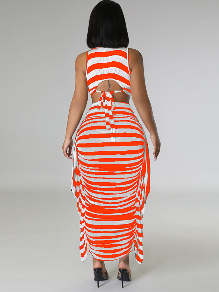 Striped Crop Top Maxi Skirt Set - ECHOINE