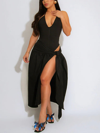 Beach Halter Bodysuit & Wrap Tie Skirt Set