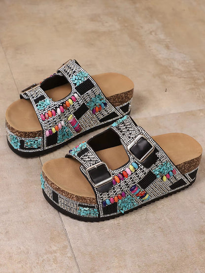 Boho Beaded Double Strap Platform Sandals