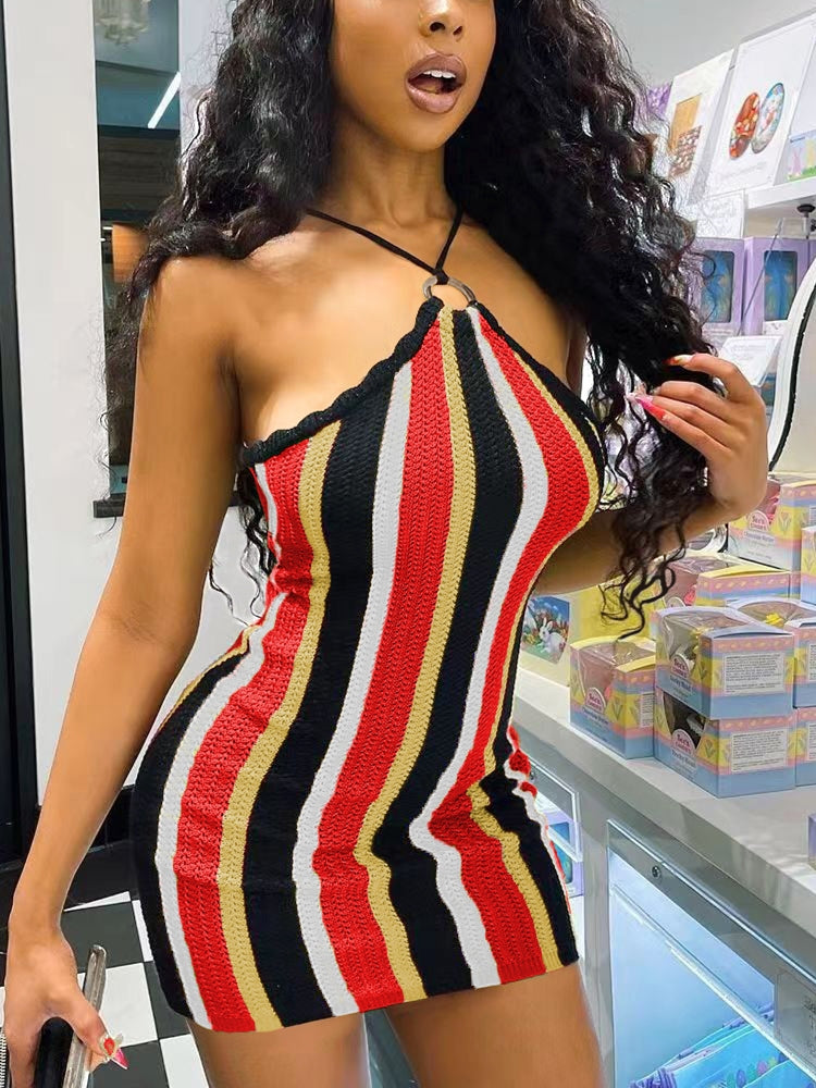 Halter Crochet Striped Mini Dress